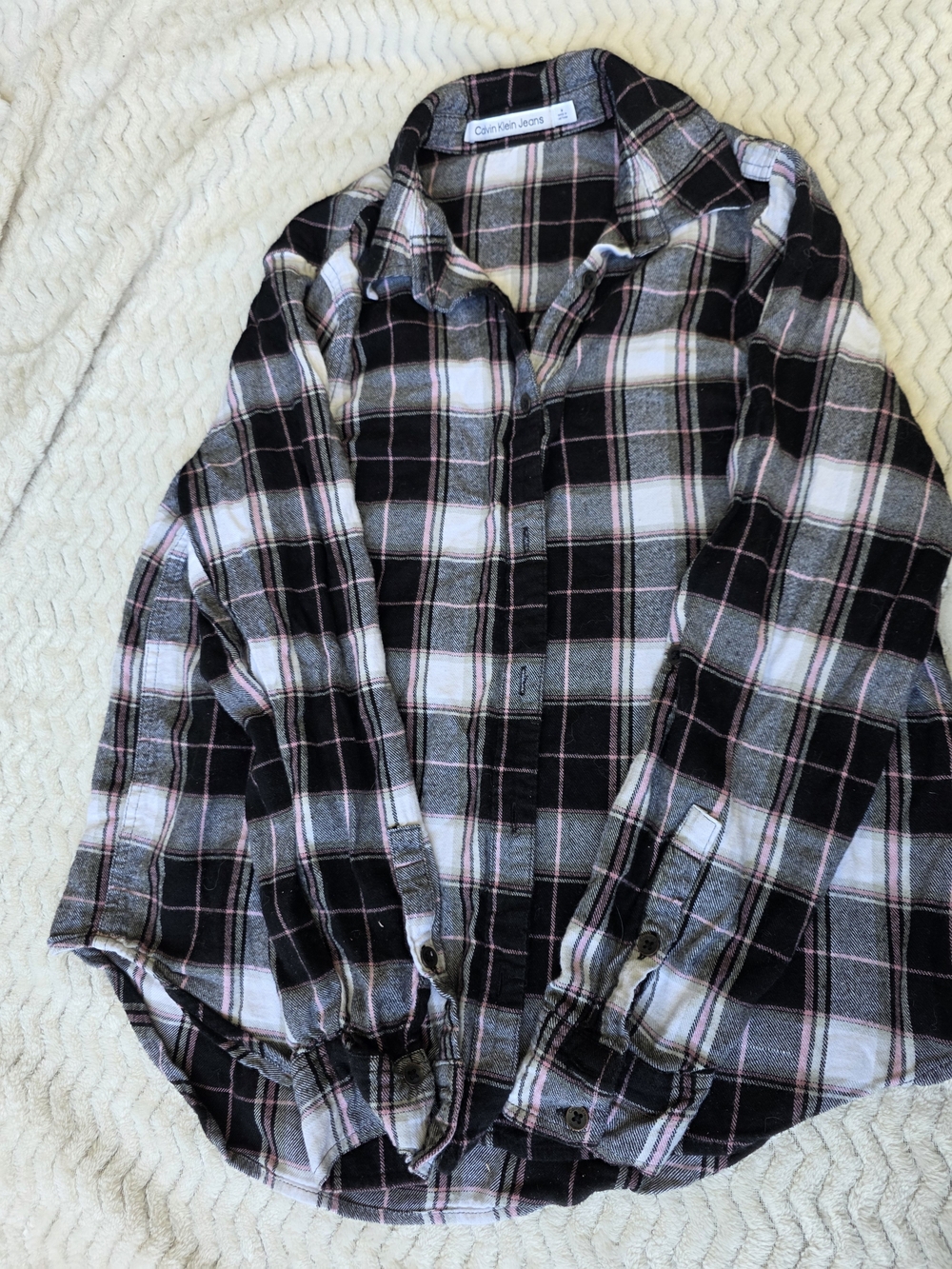 Calvin Klein Jeans Black, White & Pink Plaid Flannel Button-Down